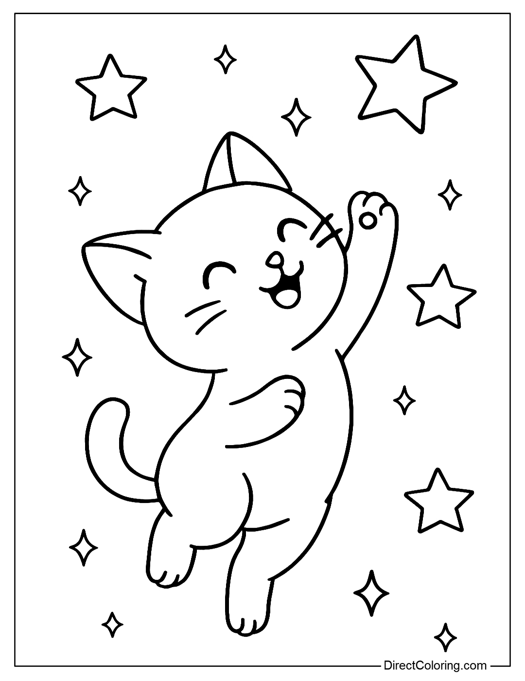 A coloring page of a kitten jumping up and trying to catch the stars flying across the sky.